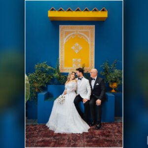 Handcrafted heavenly wedding portrait seamlessly adding deceased father beside the bride