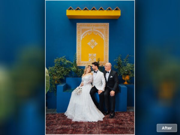 Handcrafted heavenly wedding portrait seamlessly adding deceased father beside the bride