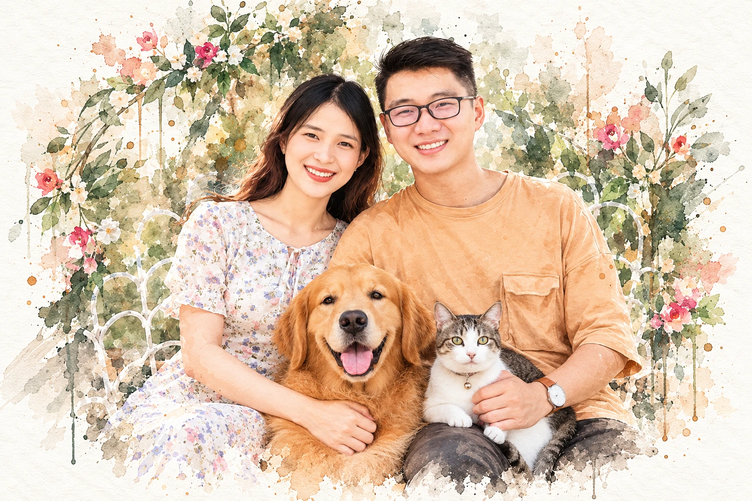 Custom Watercolor Pet Memorial Portrait — Faithful Companion Painted in Scenic Garden - after