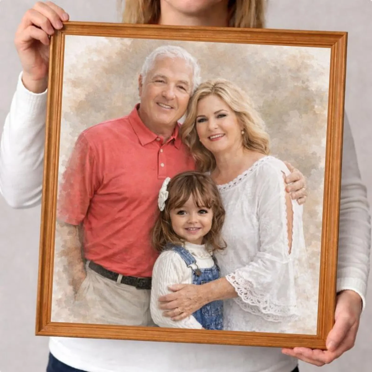 Framed custom watercolor art of grandparents with granddaughter displayed in elegant home interior