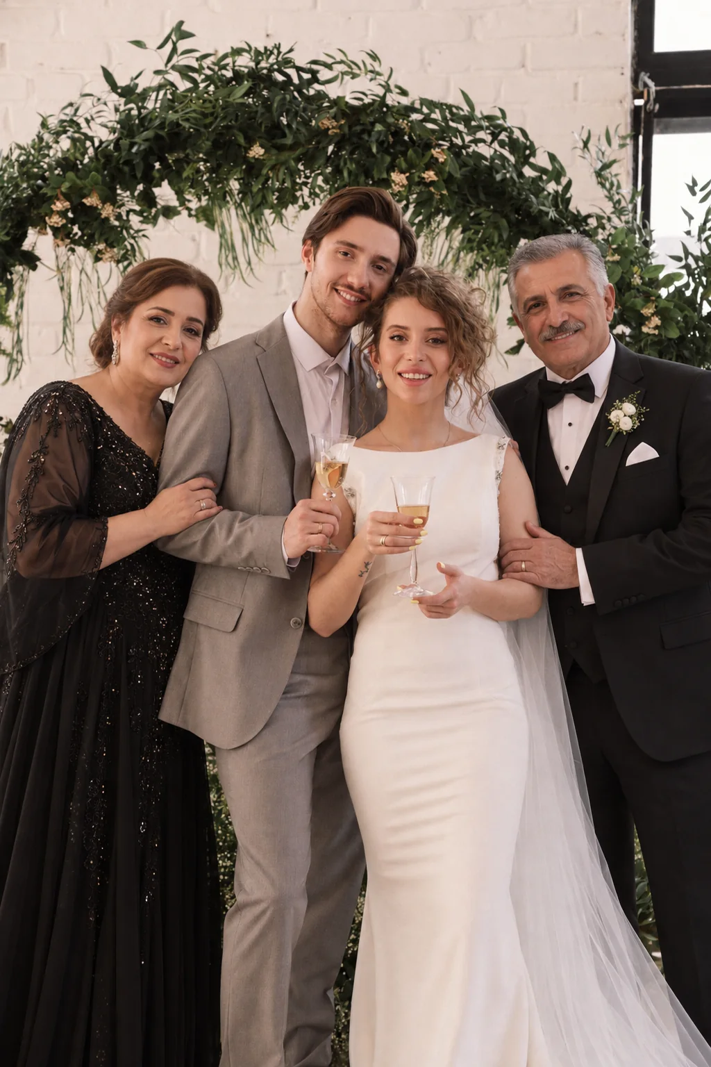 Respectful wedding memorial portrait featuring deceased father in formal attire